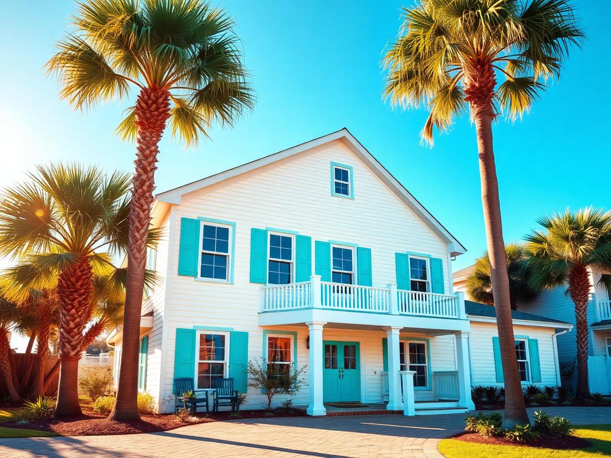 Bright coastal Jacksonville Beach home with turquoise shutters and palm trees